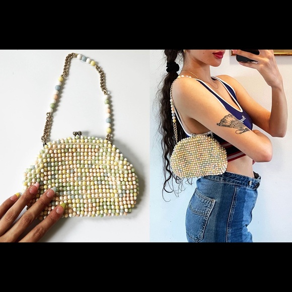 60s Vintage coin purse pastel beaded wristlet - Picture 3 of 5